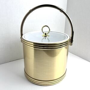VTG Shelton Designs Brushed Gold Insulated Ice Bucket Metal Handle Lucite Lid US